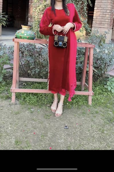 3 piece Velvet maroon dress with long kameez and capri