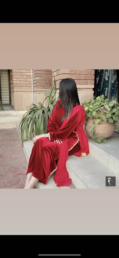 3 piece Velvet maroon dress with long kameez and capri
