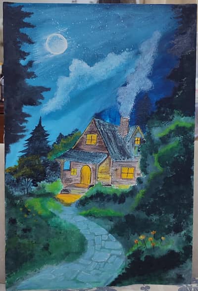 Original Hand-Painted Acrylic Canvas Painting - Moonlight Cottage