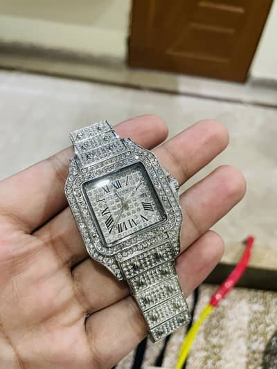 Iced Out Square Dial Watch – Full Crystal Studded Silver Tone