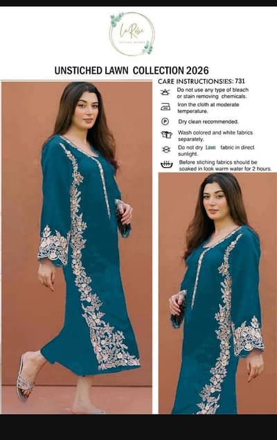 Unstitched Lawn Suit Blue Gold Embroidery