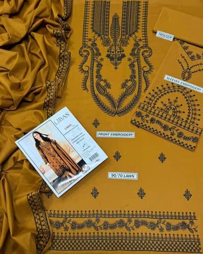Embroidered lawn shirt with printed trouser and diamond dupatta 3pcs