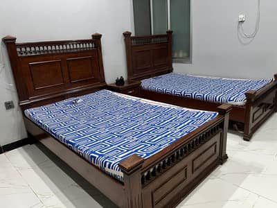 Single Bed (Pure Tali Wood) with bedside table and a mattress.