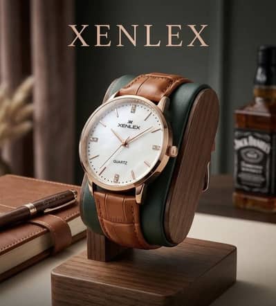 Men’s leather watch with green strap and gold dial