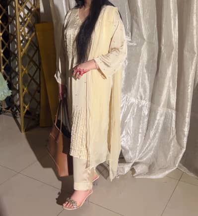 Silk 3 piece semi formal hand embellished suit brand “AYESHA B”
