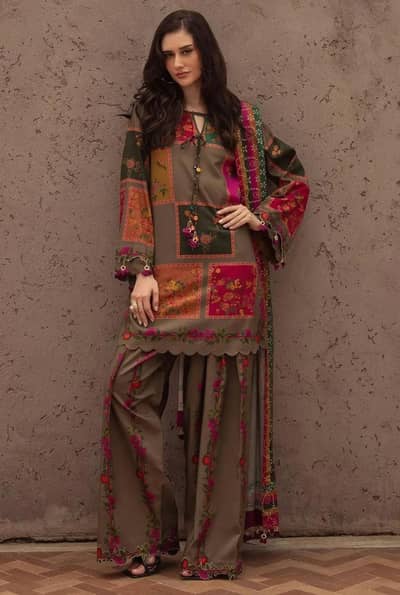 unstitched printed suit brown floral geometric eid wear