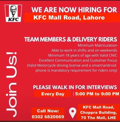 kfc Mall Road vaccancy available riders