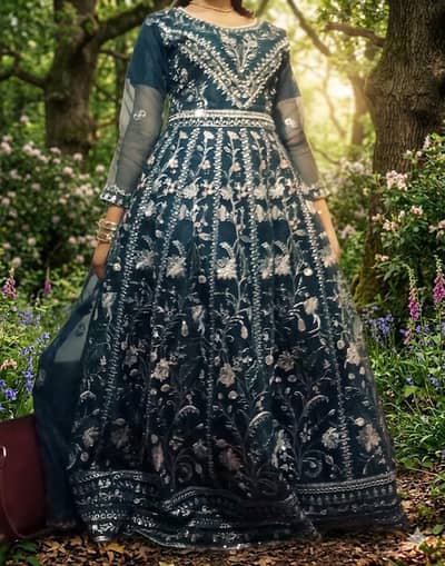 Embroided Mexi | Blue Color | with Trouser and organza Duppata |