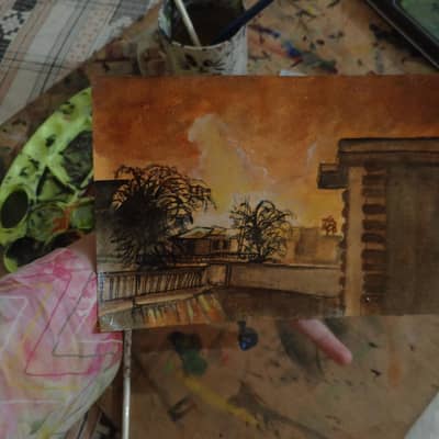 golden hour watercolour landscape painting