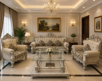 luxury royal style sofa 7 seater with glass center table