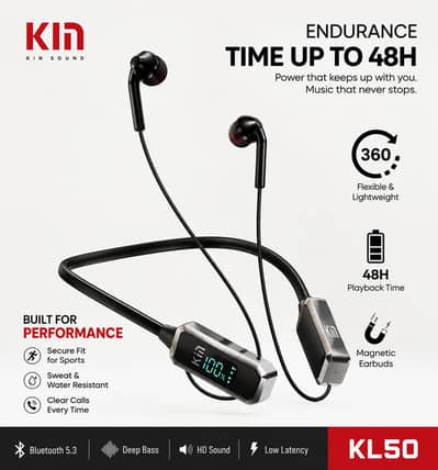 KIN Sound KL50 Wireless Neckband Earbuds – 48H Battery
