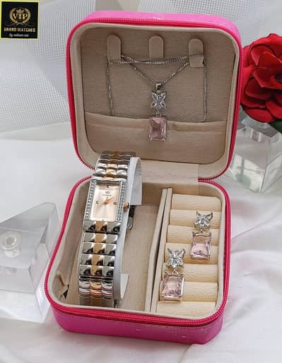 Premium Ladies Watch + Zircon Jewelry Set - Gift Box Included