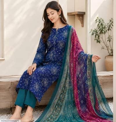 Women's 3-pieces Blue Digital Print Lawn Suit for EID