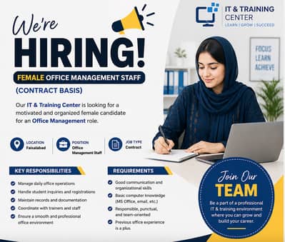 Female job offer for office management on contract based