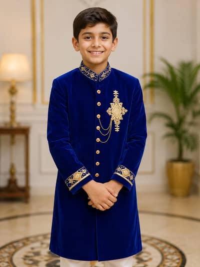 Elegant valvet shairwani with hand work on