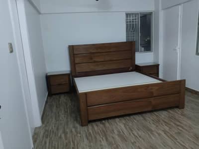 king size bed with mattress, side tables, large mirror, chest drawer