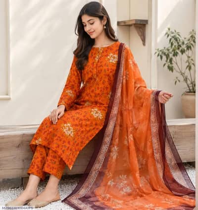 Orange Digital Print 3 Pcs  Women's Lawn Suit For Eid