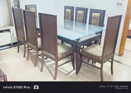 Wooden 8 Chairs Dining Table with Glass Top