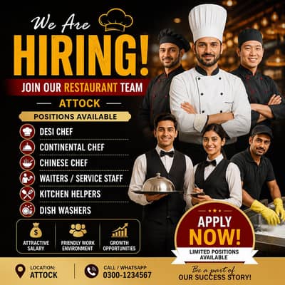 Restaurant Staff Required in Attock, Chef, Waiter, Helper, FDO