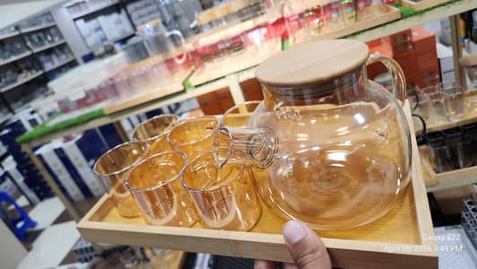 *Glass Kettle with Cup Set and Wooden Tray for Tea, Coffee, Set of 6