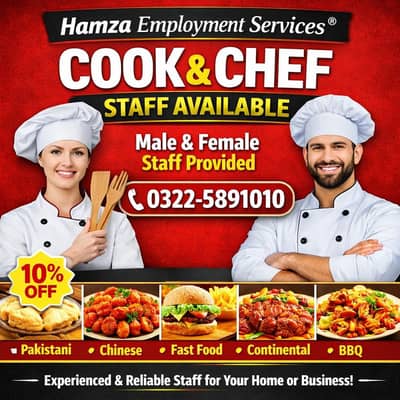 Chef Cook helper Cooking Pakistani Chines Italian fast Staff Maid Home