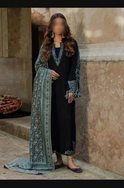 Black Embroidered Lawn Shirt with Blue Digital Print Dupatta