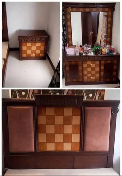 wooden bed without matress, with sidetables and dressor