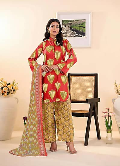 Red Printed 3 Piece Dobby Lawn Suit For women