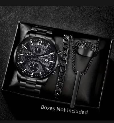 Luxury Men's Black Metallic Chain Watch Combo - 4 in 1 Premium Set