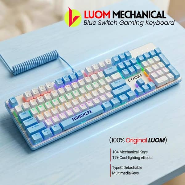 Blue Switches Mechanical Gaming Keyboard Compact Wired Gaming Keyboard with RGB Backlight ~ Type C Interface, 17 Rainbow Lighting Modes, Anti-Ghosting, USB Key Board for PC Gaming, Typing, Mobile Pubg, Laptop, Free Fire ~ LUOM LM2104 By FunBug