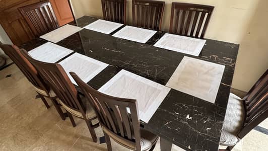 8 Seater Dining Table Set with Chairs | Black Marble look | Solid Wood