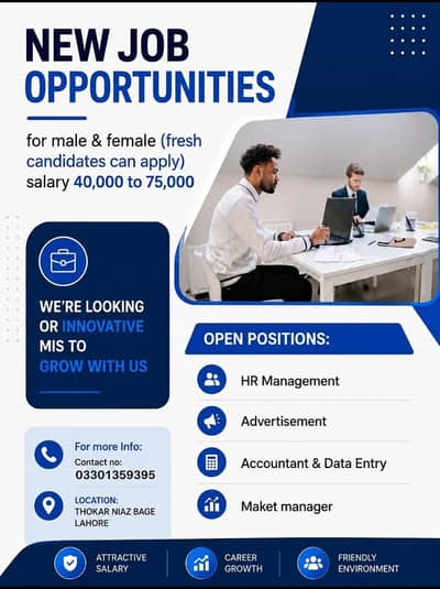 New Job Opportunities in Lahore |  Fresh Male & Female Candidates