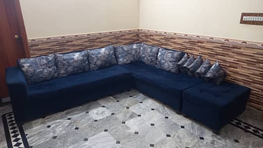 Elegant L-Shape Sofa Set (Navy Blue) – Excellent Condition