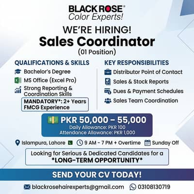 We’re Hiring! Sales Coordinator (FMCG) – Lahore | PKR 50,000–55,000