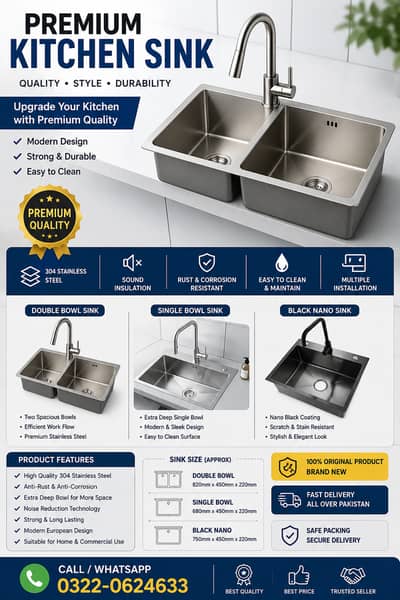 Premium Stainless Steel Kitchen Sink | Single & Double Bowl Sink |