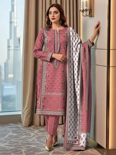 3-Piece Printed Dobby Lawn Suit Pink for Women