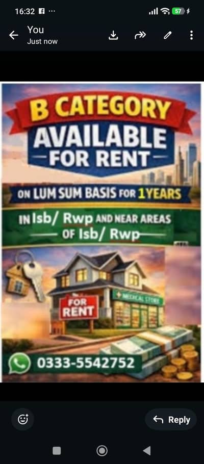 B-Category Available For Rent 03335542752 Isb/Rwp