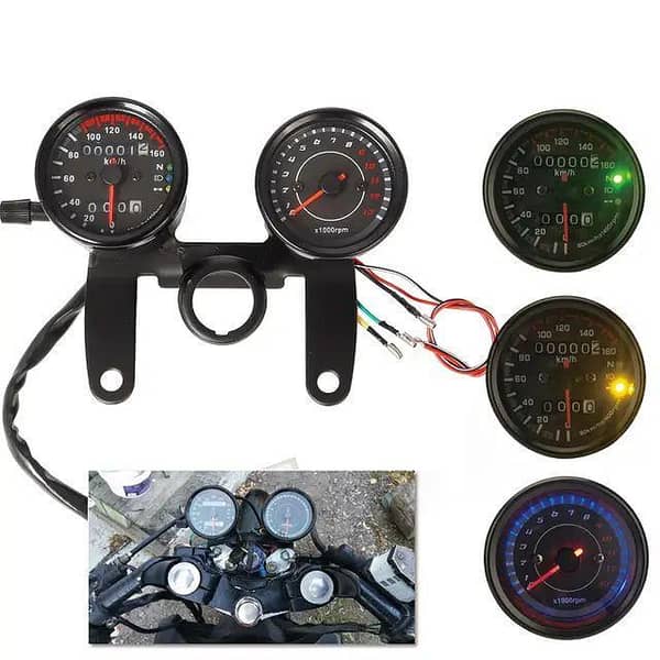 Motorcycle Universol LED Double Speedometer and RPM Gauge for All Bikes (Cafy Racer Meter, Neutral Light, Indicator Light, Headlight On/Off)