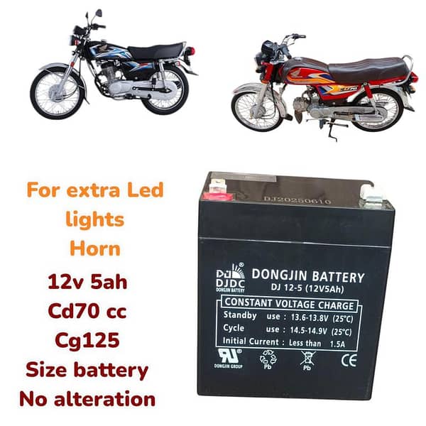 Motorcycle 12 v 5ah Battery for Cd70cc &CG125 ( for high watt Led lights nd horns+ No alternation just fit)