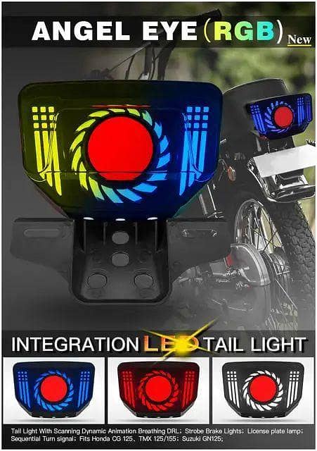 Motorcycle Tail Lights with RGB LED Backlight and Sequential Turn Signals for CG125 and All Bikes