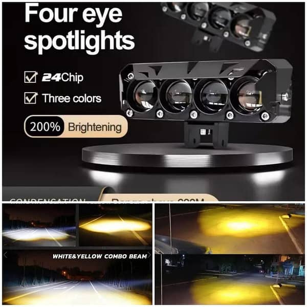 V4 Dual Color Motorcycle Spotlights with LED Headlights, Four-Eye Lens, High/Low Beam, Waterproof