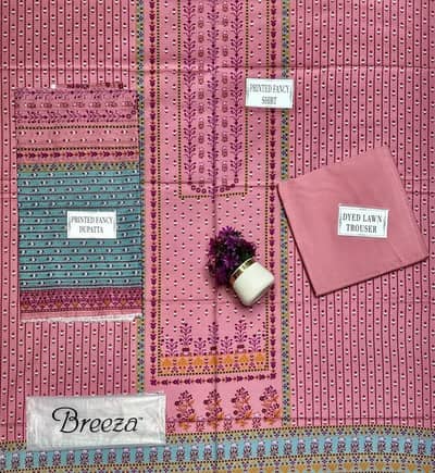 3-Piece Printed Dobby Lawn Suit Pink for Women