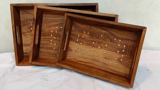 Wooden Trays 3 Pcs set Shasham Wood Brass Work Premium Quality Chiniot