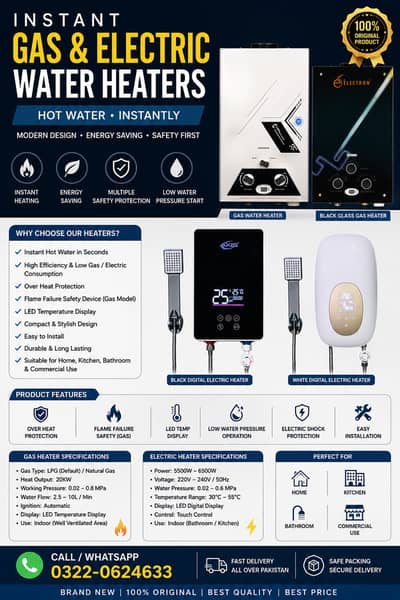 Instant Gas & Electric Water Heaters | Digital Geyser | Brand New