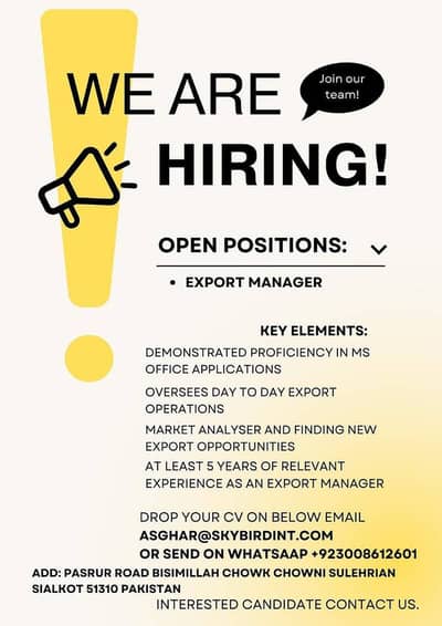 Export Manager Required - Male & Female- Office Job