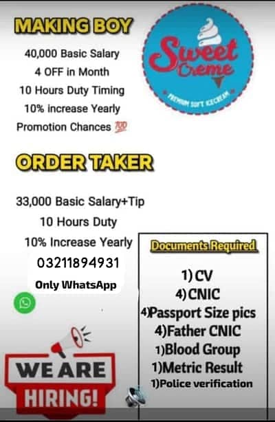 We are hiring staff for making in sweet creme