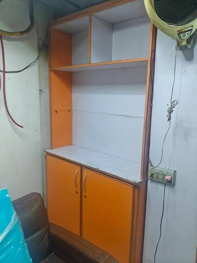 wooden cabinet with glass shelves