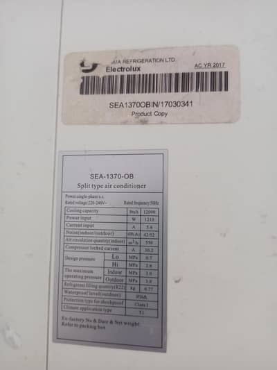 1 ton Electrolux AC for sale indoor & out door