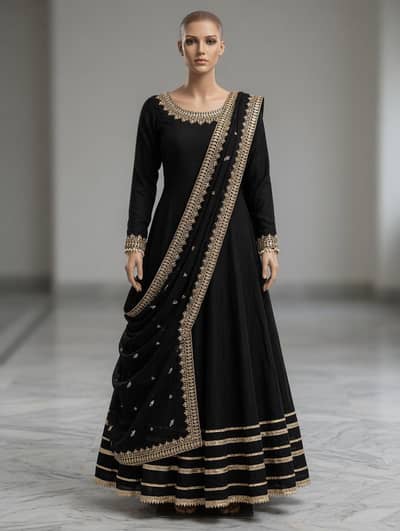 Elegant Black & Gold Embroidered Anarkali Gown Set