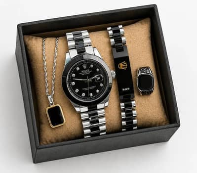 Luxury 4 Pcs Watch Gift Set – Watch + Bracelet + Ring + Chain